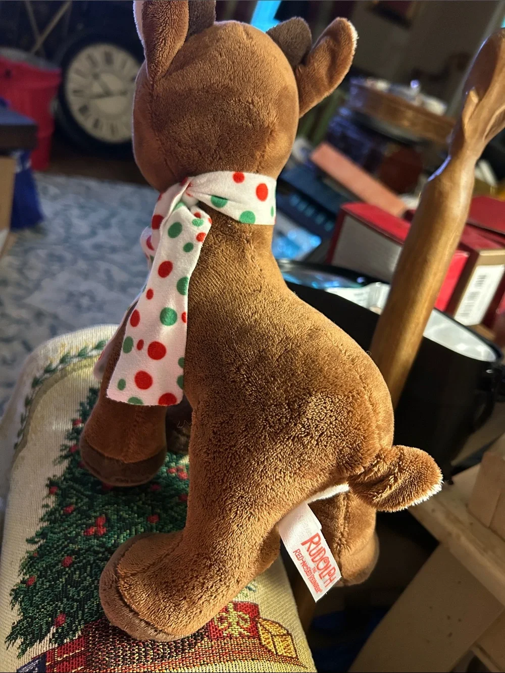 Plush Brown Reindeer Holiday Accent Festive Polka-Dot Scarf &.Bright Red Nose